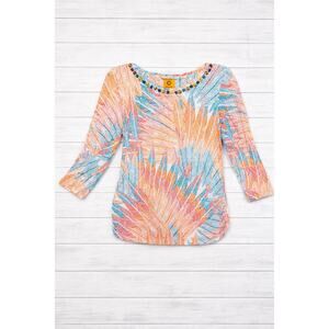 Colorful Beaded Neckline 3/4 Sleeve Top | Boho Resort Vibes